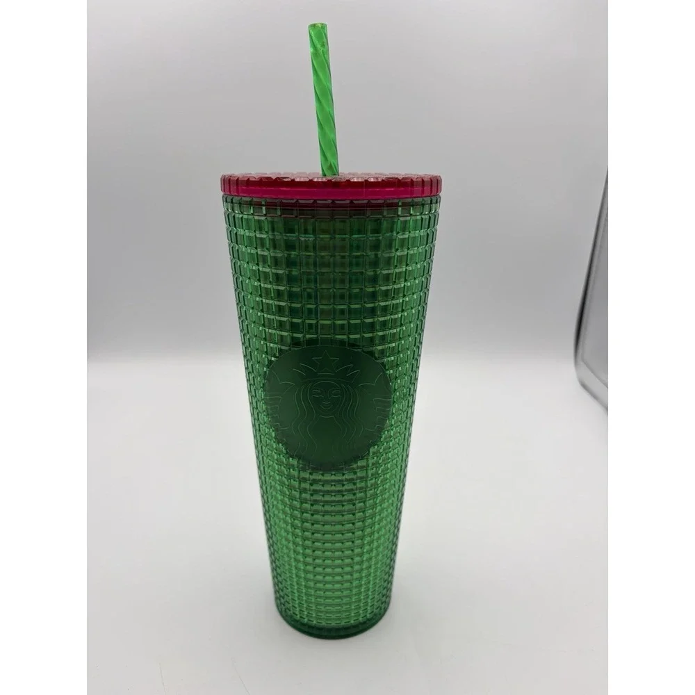 Starbucks Green Textured Cold Cup Tumbler 24 oz Reusable w/ Straw